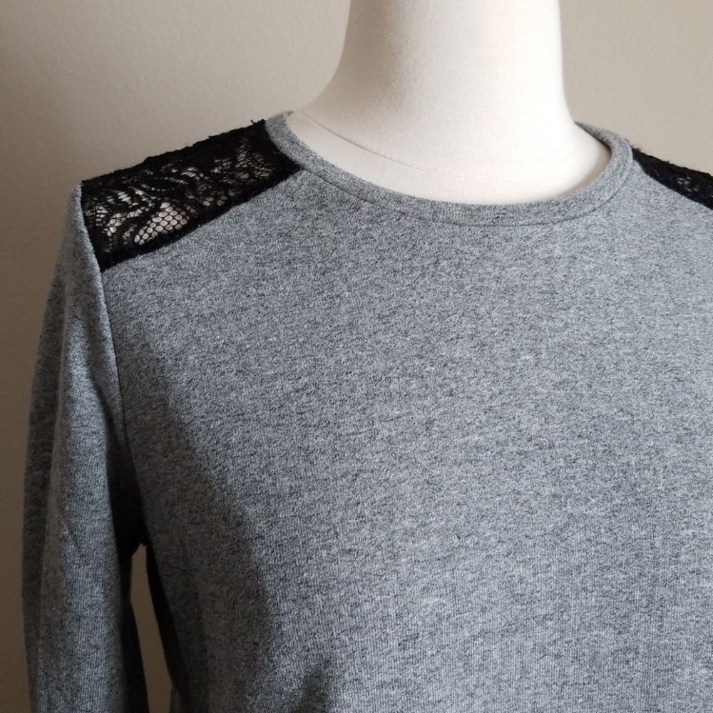 Grey top with crochet lace shoulders and back